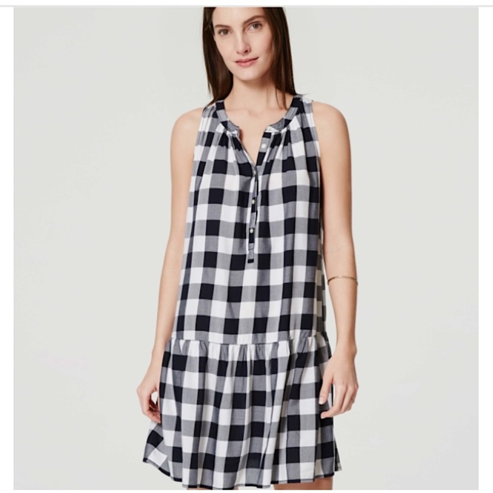 Ann Taylor LOFT Navy Blue White Buffalo Plaid Drop Waist Dress